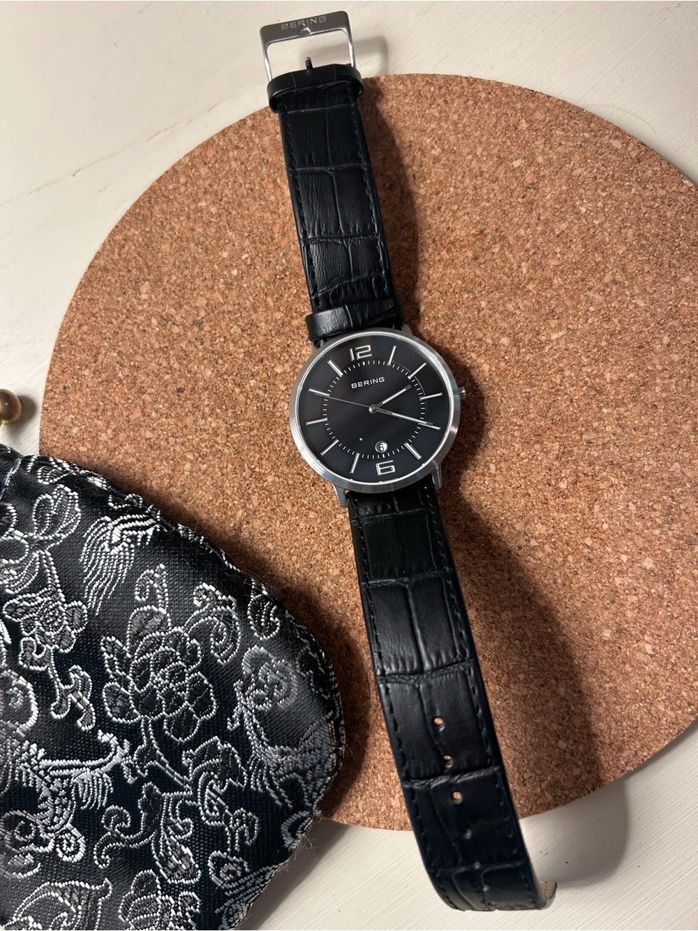 Bering Black Men's Watch with Silver Case. Never worn, needs new battery.